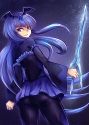  ass bad_end_beauty bad_end_precure black_bodysuit blue_background blue_eyes blue_hair blue_skirt blue_theme bodysuit commentary_request crystal_sword dark_persona female greave_(asterism) ice left-handed long_hair looking_back precure skirt smile smile_precure solo sword tiara weapon 