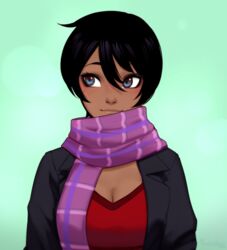  black_hair blue_background blue_eyes blush breasts cleavage closed_mouth commentary dark-skinned_female dark_skin female k&#039;lyn looking_away medium_breasts original purple_scarf razalor scarf solo very_dark_skin 