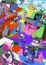  6+boys :d :o arm_at_side black_eyes black_hair blue_pants blue_shorts blue_sky blunt_bangs brothers brown_footwear building closed_mouth cloud commentary_request crossover day dutch_angle dynamo_roller_(splatoon) e-liter_3k_(splatoon) frown grin gun half-closed_eyes headphones heart heart_in_mouth hijirisawa_shonosuke holding holding_gun holding_water_gun holding_weapon hood hoodie ink_tank_(splatoon) inkbrush_(splatoon) inkstrike_(splatoon) jacket killer_wail_(splatoon) kneehighs legs_apart looking_at_another machinery maedatomoko male_focus matsuno_choromatsu matsuno_ichimatsu matsuno_jyushimatsu matsuno_karamatsu matsuno_osomatsu matsuno_todomatsu multiple_boys open_mouth osomatsu-kun osomatsu-san osomatsu_(series) outdoors over_shoulder paint paint_roller paintbrush palm_tree pants parody plaid plaid_shirt pointing pointing_at_self polka_dot railing running sandals sextuplets shadow sheeeh! shirt shoes shorts siblings sky slippers smile socks splatoon_(series) splatoon_1 splatter splattershot_(splatoon) sprinkler_(splatoon) squid_beakon_(splatoon) standing suction_bomb_(splatoon) sunglasses sweatdrop teeth throwing tower tree v-shaped_eyebrows water_gun weapon weapon_over_shoulder white_legwear 