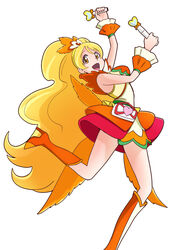  :d alternate_form arms_up bakusai blonde_hair boots commentary_request cure_honey cure_honey_(coconut_samba) dancing dual_wielding female full_body happinesscharge_precure! happy heart_wand holding knee_boots long_hair magical_girl oomori_yuuko open_mouth orange_footwear orange_wrist_cuffs precure samba skirt smile solo very_long_hair wand white_background wrist_cuffs yellow_eyes 