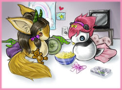  accessory anthro bear black_hair blue_eyes bow_(feature) bow_accessory bow_ribbon bowl chibi container duo electronics female food giant_panda glamfur hair hair_accessory hair_ribbon hairbow heart_symbol horn langurhali mammal orange_eyes pink_hair plushie popcorn ribbons star tail teddy_bear television vera_(artist) vera_(vera) video_cassette young young_anthro 