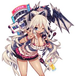  ;d \m/ animal_ears astaroth_(uchi_no_hime-sama) bare_shoulders belly_chain blue_eyes blush bow bra bracelet breasts building cat_ears cleavage cowboy_shot cup dark-skinned_female dark_skin dragon drill_hair drink drinking_glass drinking_straw facial_mark fake_animal_ears female fingernails frilled_skirt frills ganguro hair_ribbon hairbow halterneck hands_up heart heart-shaped_pupils heart_print holding holding_microphone instrument jewelry kamina_shades karaoke karaoke_box lace lace-trimmed_bra lace_trim large_breasts layered_skirt leaning_forward legs_apart long_fingernails long_hair looking_at_viewer mamuru microphone miniskirt mouth_hold nail_polish official_art one_eye_closed open_mouth pink_bra pink_nails ribbon sideboob sidelocks silver_hair skirt smile solo sparkle spilling standing strapless striped sunglasses sweat sweater symbol-shaped_pupils tambourine thighs translation_request transparent_background triangular_eyewear tube_top uchi_no_hime-sama_ga_ichiban_kawaii underwear v very_long_hair wavy_hair 