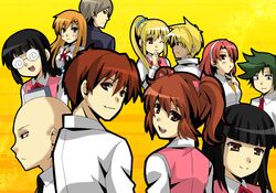  5boys 6+girls bald black_eyes black_hair blonde_hair blunt_bangs blush bow bowtie brown_eyes brown_hair collared_shirt commentary_request dark_skin everyone formal furukawa_misao glasses green_hair hair_ornament hairband hairbow hairclip kisaragi_ayaka_(misao) kudoh_mamoru kurata_hideki library_(misao) light_smile long_hair looking_at_viewer looking_back matsudora124 misao multiple_boys multiple_girls narukami_aki_(female) narukami_aki_(male) necktie one_eye_closed onigawara_(misao) open_mouth orange_eyes orange_hair parted_bangs pink_bow ponytail red_hair red_ribbon ribbon saotome_haruna_(misao) school_uniform scrunchie shirt short_hair sidelocks simple_background smile spiked_hair swept_bangs twintails white_shirt yellow_background yoshino_kazuki yuuki_tohma 