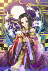  2011 black_hair character_request commentary_request egasumi female full_moon japanese_clothes kimono kuroba.k long_hair moon off_shoulder original purple_eyes rabbit solo 