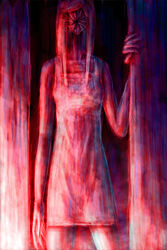  commentary doorway dress faceless faceless_female female guru horror_(theme) long_fingers long_hair long_neck original photoshop_(medium) solo surreal traditional_media white_dress 