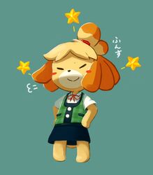  animal_crossing animal_ears animal_nose aqua_background barefoot blonde_hair blue_skirt blush blush_stickers body_fur closed_eyes closed_mouth commentary dog_ears dog_girl dog_tail doyagao female flat_chest full_body furry furry_female green_vest hair_tie hands_on_own_hips happy isabelle_(animal_crossing) kagehito_(hitokage22) miniskirt neck_ribbon pencil_skirt plaid plaid_vest puff_of_air red_ribbon ribbon shirt short_hair short_sleeves simple_background skirt smile smug solo standing star_(symbol) tail topknot translated triumph_(expression) vest white_shirt yellow_fur 