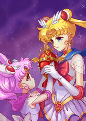  2girls amg192003 bishoujo_senshi_sailor_moon bishoujo_senshi_sailor_moon_s blonde_hair blue_eyes blue_sailor_collar bow brooch chalice chibi_usa choker commentary_request cone_hair_bun cosmic_heart_compact cup double_bun earrings elbow_gloves gloves hair_bun heart heart_brooch heart_choker jewelry long_hair magical_girl multicolored_clothes multicolored_skirt multiple_girls photoshop_(medium) pink_hair pink_sailor_collar purple_background red_bow red_eyes sailor_chibi_moon sailor_collar sailor_moon sailor_senshi sailor_senshi_uniform seihai_(sailor_moon) short_twintails skirt super_sailor_chibi_moon super_sailor_moon tiara tsukino_usagi twintails white_gloves yellow_choker 