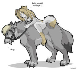  2007 abstract_background anthro avoid_posting blizzard_entertainment blonde_hair blue_eyes canid canine canis claws domestic_dog duo female feral hair keihound keihound_(character) long_hair mammal romantic romantic_ambiance romantic_couple short_hair simple_background warcraft 