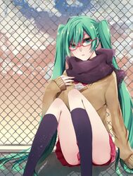  aqua_eyes aqua_hair bad_id bad_pixiv_id chain-link_fence cloud female fence glasses hatsune_miku highres kneehighs long_hair noka_(blackheart1118) plaid plaid_skirt scarf sitting skirt sky socks solo sweater twintails very_long_hair vocaloid 