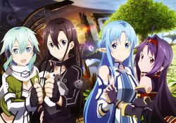  1boy 3girls absurdres androgynous aqua_eyes aqua_hair armor asuna_(sao) asuna_(sao-alo) bare_shoulders black_eyes black_hair blue_eyes blue_hair blue_sky breastplate breasts building cleavage cloud cloudy_sky day detached_sleeves fingerless_gloves gloves hair_ornament highres kirito kirito_(sao-ggo) long_hair looking_at_viewer medium_breasts multiple_girls night nishiguchi_tomoya official_art pointy_ears purple_hair red_eyes ruins science_fiction sinon sky slit_pupils sword_art_online tree yuuki_(sao) 