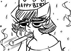  2016 anthro black_and_white clothed clothing confetti confetti_streamer disney domestic_pig english_text eyewear fan_character female glasses half-closed_eyes hat headgear headwear inkyfrog inkypig lipstick makeup mammal monochrome narrowed_eyes paper_hat party_horn simple_background skyline solo suid suina sus_(pig) text white_background window zootopia 