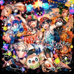  2girls alolan_form alolan_raichu backpack bag black_hair black_shirt blonde_hair blue_shirt braid bucket_hat closed_eyes copyright_name cosmog dark_skin dark_skinned_male flower gen_7_pokemon green_hair hair_flower hair_ornament handbag hat hau_(pokemon) holding holding_hands holding_poke_ball lillie_(pokemon) litten long_hair mizuki_(pokemon) multiple_boys multiple_girls naru_(andante) one_eye_closed open_mouth orange_shirt poke_ball pokemon pokemon_(creature) pokemon_(game) pokemon_usum ponytail popplio red_hat rowlet shirt short_sleeves shorts skirt sky smile sun_hat tank_top twin_braids white_shirt white_shorts white_skirt you_(pokemon) z-ring 