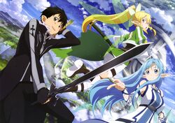  1boy 2girls absurdres asuna_(sao) asuna_(sao-alo) black_hair blonde_hair blue_eyes blue_hair blue_sky blue_wings cloud cloudy_sky crest_of_yggdrasil day energy energy_wings fairy fairy_wings fighting_stance fingerless_gloves flying forest giant_tree gloves green_eyes green_wings grey_wings highres holding holding_stick holding_sword holding_wand holding_weapon holy_sword_excalibur kirito kirito_(sao-alo) landscape leafa long_hair long_sword_(sao) magic multiple_girls multiple_wings nature nishiguchi_tomoya official_art open_mouth outdoors pointy_ears ready_to_draw sheath sheathed short_hair sky smile spread_wings stick sword sword_art_online tree very_long_hair wand weapon wings yggdrasil_(sao) 