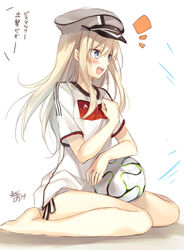  2014_fifa_world_cup alternate_costume artist_name ball bare_legs barefoot bismarck_(kancolle) blonde_hair blue_eyes blush brazuca commentary_request female germany hat kantai_collection long_hair one-hour_drawing_challenge open_mouth panties side-tie_panties side-tie_peek sitting soccer soccer_ball soccer_uniform solo sportswear tears toosaka_asagi translated underwear world_cup 