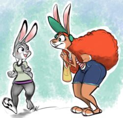  anthro blue_earbuds blue_headphones bottomwear buckteeth clothing crossover disney duo earbuds electronics female footwear fur grey_body grey_fur hair hat headgear headphones headwear inner_workings judy_hopps lagomorph leporid long_ears mammal monotone_earbuds monotone_headphones pants rabbit red_hair sandals shorts size_difference teeth wide_hips zootopia 