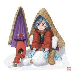  2girls blue_eyes blue_gloves blue_hair blush_stickers boots bowl closed_umbrella coat commentary_request full_body gloves heterochromia karakasa_obake kitano_(kitanosnowwhite) long_sleeves looking_down mini_person minigirl mino_boushi multiple_girls object_on_head red_eyes red_gloves scarf short_hair simple_background smile snow snowball squatting sukuna_shinmyoumaru tatara_kogasa touhou umbrella watermark white_background wide_sleeves winter_clothes 