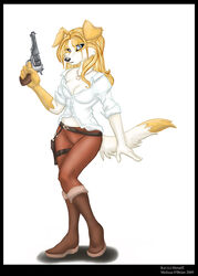  anthro breasts canid canine canis cleavage clothed clothing cosplay domestic_dog female gun handgun holding_object holding_weapon keihound_(character) mammal ranged_weapon revolver shirt solo tomb_raider topwear unknown_artist weapon 