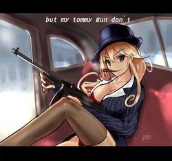  blonde_hair blue_eyes bra breasts brown_thighhighs car car_interior cigar cleavage commentary english_text female formal gun haruto_(harut_n) hat iowa_(kancolle) jesus_revenge_(meme) kantai_collection large_breasts logo long_hair looking_at_viewer mafia meme motor_vehicle mouth_hold panties pencil_skirt red_bra red_panties sitting skirt skirt_suit solo striped striped_suit stupid_movie_sequels submachine_gun suit thighhighs thompson_submachine_gun underwear vertical_stripes weapon 