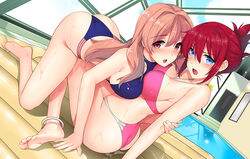  2girls anime_screenshot anklet barefoot bikini blue_bikini blue_eyes blush breast_press breasts brown_eyes brown_hair day end_card folded_ponytail hug inflatable_raft jewelry katsurai_yoshiaki koumi_haruka large_breasts long_hair looking_at_viewer multiple_girls open_mouth photoshop_(medium) pink_bikini pool rail_wars! red_hair rei_no_pool sakurai_aoi short_hair swimsuit yuri 