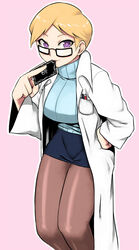  bad_id bad_pixiv_id battle_spirits battle_spirits:_brave blonde_hair breasts brown_pantyhose card card_game card_in_mouth female glasses hand_on_own_hip holding holding_card lab_coat large_breasts lipstick looking_at_viewer makeup mature_female microskirt miniskirt mouth_hold naughty_face open_clothes pantyhose pen pencil_skirt purple_eyes short_hair simple_background skirt smile solo standing stella_korabelishchikov sweater tsukudani_(coke-buta) turtleneck 