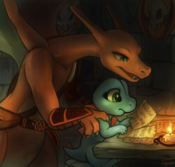  2014 bone candlelight charizard digital_media_(artwork) divina dragon duo female feral generation_1_pokemon generation_2_pokemon green_eyes haychel hi_res light male mythological_creature mythological_scalie mythology nintendo paper pokemon pokemon_(species) scalie skull slydragoon16 tales_of_elysium totodile unown_(pokemon) vagus_(haychel) 