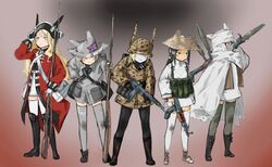  animal_ears coh group gun hat pantyhose thighhighs uniform weapon zettai_ryouiki 