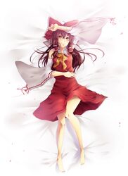  absurdres amase_(siki696) arm_up barefoot bow brown_eyes brown_hair commentary_request detached_sleeves female from_above hairbow hakurei_reimu highres lying on_back petals red_bow smile solo touhou wide_sleeves 