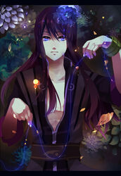  1boy abs bad_id bad_pixiv_id black_hair blue_eyes bracelet dark expressionless flower glowing jewelry long_hair male_focus nishikawa_(fe) open_clothes solo string tales_of_(series) tales_of_vesperia yuri_lowell 