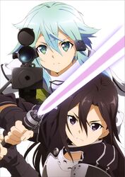  1boy beam_rifle black_eyes black_hair blue_eyes blue_hair energy_gun female hagiwara_hiromitsu highres holding holding_sword holding_weapon kirito kirito_(sao-ggo) long_hair looking_at_viewer official_art sinon sword sword_art_online weapon white_background 