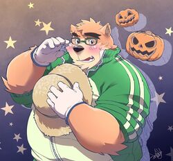  2017 anthro bear blush brown_body brown_fur clothing daihukudokoro eyewear food fruit fur glasses gloves handwear hat headgear headwear lifewonders male mammal overweight overweight_anthro overweight_male plant pumpkin solo straw_hat tokyo_afterschool_summoners volos_(tas) 