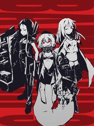  3girls absurdres abyssal_ship bad_id bad_pixiv_id bikini bikini_bottom_only boots commentary_request height_difference highres hime_takeo hood hoodie kantai_collection long_hair looking_at_viewer multiple_girls navel o-ring o-ring_top re-class_battleship red_eyes ru-class_battleship sailor_collar scarf sharp_teeth short_eyebrows short_hair spot_color swimsuit ta-class_battleship tail teeth thigh_boots thighhighs 