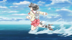  black_hair commentary_request female gaketsu kantai_collection mechanical_legs mechanical_parts meme nichijou open_mouth parody school_uniform science_fiction shinonome_nano short_hair solo thrusters tokisadame_school_uniform water waterskiing_(meme) winding_key 