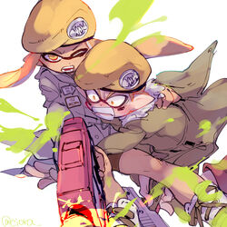  1boy army-kun_(splatoon) beret black_shorts blush coat commentary_request constricted_pupils dark_skin emblem facepaint fangs female fish forge-chan_(splatoon) grimace hat inkling inkling_boy inkling_girl inkling_player_character long_hair looking_at_viewer military military_vehicle motor_vehicle n-zap_(splatoon) orange_eyes orange_hair parted_lips pointy_ears rapid_blaster_(splatoon) rescue serizawa_nae shoes short_hair shorts simple_background sneakers splatoon_(manga) splatoon_(series) splatoon_1 standing straight-laced_footwear tackle tank tentacle_hair twitter_username white_background 