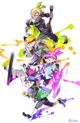  4boys aloha-kun_(splatoon) army-kun_(splatoon) beret black_jacket black_shorts blue_eyes blue_hair coat commentary_request copyright_name dynamo_roller_(splatoon) echolocator_(splatoon) facepaint fangs from_side goggle-kun_(splatoon) goggles goggles_on_head green_eyes green_hair grin hair_slicked_back hat hawaiian_shirt holding holding_weapon ink_tank_(splatoon) inkling inkling_boy inkling_player_character jacket jumping killer_wail_(splatoon) leather leather_jacket long_sleeves looking_to_the_side male_focus multiple_boys n-zap_(splatoon) one_eye_closed open_mouth orange_eyes orange_hair pink_eyes pink_hair pointy_ears rider-kun_(splatoon) running scrunchie serizawa_nae shirt shoes short_sleeves shorts simple_background single_vertical_stripe smile sneakers splatoon_(manga) splatoon_(series) splatoon_1 splattershot_(splatoon) standing tentacle_hair topknot twitter_username visor weapon white_background 