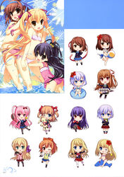  6+girls absurdres ahoge armpits asahina_momoko ball barefoot bikini black_legwear blonde_hair blue_ribbon blue_skirt bow breasts brown_eyes brown_hair casual_one-piece_swimsuit chibi chloe_lemaire collarbone contrapposto crossed_legs day eyebrows flower frilled_bikini frills fujima_takuya girlfriend_(kari) green_bikini green_eyes green_necktie grey_hair hair_flower hair_ornament hair_ribbon hairbow hibiscus highres index_finger_raised kagami_matsuri kagurazaka_saya leg_up long_hair looking_at_viewer mochizuki_erena multiple_girls murakami_fumio necktie one-piece_swimsuit one_eye_closed one_side_up open_bikini open_clothes open_mouth orange_bow outstretched_arms panties pantyhose papa_no_iu_koto_wo_kikinasai! pink_bikini pink_hair pink_one-piece_swimsuit purple_bow purple_hair racket red_bow red_eyes red_flower red_ribbon red_skirt ribbon sakurai_akane_(girlfriend) scan school_uniform shiina_kokomi short_hair simple_background sitting skirt small_breasts standing standing_on_one_leg star_(symbol) star_hair_ornament swimsuit takanashi_hina takanashi_miu takanashi_sora tennis_ball tennis_racket twintails two_side_up underboob underwear very_long_hair wading water water_drop white_background white_bikini yuuki_nae 