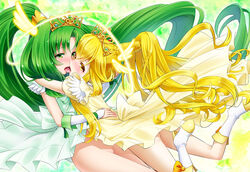  2girls ass bad_id bad_pixiv_id blonde_hair blush bottomless cure_march cure_march_(princess_form) cure_peace cure_peace_(princess_form) dress french_kiss green_eyes green_hair hair_flaps head_wings hug kissing long_hair magical_girl midorikawa_nao multiple_girls photoshop_(medium) ponytail precure smile_precure tiara tongue very_long_hair wings yayoi_kise yellow_eyes yuri yuu_(derodero) 