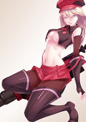  alisa_ilinichina_amiella blue_eyes breasts elbow_gloves gloves god_eater hat highres long_hair looking_at_viewer mogu navel no_bra pantyhose shokuyou_mogura simple_background skirt solo weapon white_background white_hair 