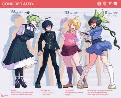  1boy 3girls ahoge akamatsu_kaede alternate_costume alternate_height anger_vein arms_behind_back bandaged_leg bandages black_hair black_jacket blonde_hair blush bow breasts buttons chabashira_tenko closed_eyes collared_jacket collared_shirt danganronpa_(series) danganronpa_v3:_killing_harmony double-breasted english_commentary english_text eyelashes fingerless_gloves frilled_skirt frills full_body gloves green_eyes hair_between_eyes hair_ornament hair_ribbon hairband height_chart height_difference highres jacket layered_skirt leaning_forward long_hair long_sleeves maid maid_headdress multiple_girls musical_note musical_note_hair_ornament musical_note_print necktie open_mouth orange_necktie pants pink_sweater_vest pink_vest pleated_skirt pointing ribbon saihara_shuichi sailor_collar school_uniform shirt short_hair simple_background skirt smile soshu_(socsuperfluous) standing striped_clothes striped_jacket striped_pants sweater_vest tall_female teeth thick_thighs thighs tojo_kirumi twintails vertical-striped_sleeves vest waving white_bag white_shirt yellow_eyes 