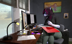  3d_(artwork) anthro canid canine canis casual_wear chair collage_(artwork) computer daz_studio_(artwork) desk digital_media_(artwork) domestic_dog electronics eyewear female furniture glasses hi_res hybrid inside jackal mammal mouse murid murine natalie_whitlow notebook office office_chair perturbedmania rodent solo solo_focus student studying table 