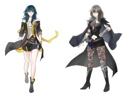  2girls absurdres alternate_costume ankle_boots armor black_armor black_boots black_coat black_gloves black_shorts blue_eyes blue_hair boots breasts chinese_commentary closed_mouth clothing_cutout coat commentary_request cosplay costume_switch crossover dagger female_byleth_(fire_emblem) female_byleth_(fire_emblem)_(cosplay) fire_emblem fire_emblem:_three_houses full_body gloves grey_hair hairstyle_connection hand_on_own_hip highres honkai:_star_rail honkai_(series) knee_boots knees knife looking_at_viewer medium_breasts medium_hair multiple_girls navel navel_cutout open_clothes open_coat orange_eyes pencil_skirt shirt short_shorts shorts simple_background skirt smile standing stelle_(honkai:_star_rail) stelle_(honkai:_star_rail)_(cosplay) thigh_strap trailblazer_(honkai:_star_rail) walking weapon white_background white_shirt xinjinjumin545645049986 