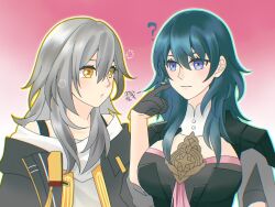  2girls :o ? armor black_armor black_gloves black_jacket blue_eyes blue_hair breasts chinese_commentary commentary_request crossover female_byleth_(fire_emblem) finger_to_another's_cheek fire_emblem fire_emblem:_three_houses gloves gradient_background grey_hair hair_between_eyes hairstyle_connection half_gloves highres honkai:_star_rail honkai_(series) jacket large_breasts looking_at_another medium_hair multiple_girls open_clothes open_jacket orange_eyes pink_background shirt stelle_(honkai:_star_rail) trailblazer_(honkai:_star_rail) white_shirt xinjinjumin545645049986 