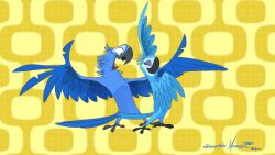  2024 20th_century_fox avian beak bird black_beak black_feet blu_(rio) blue_body blue_feathers blue_sky_studios duo feathered_wings feathers feet female half-closed_eyes hi_res jewel_(rio) johnathan_monden macaw male narrowed_eyes neotropical_parrot open_mouth open_smile parrot red_tongue rio_(series) smile spix's_macaw tongue true_parrot two_tone_face wings 