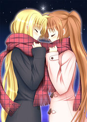  2girls blonde_hair blush brown_hair closed_eyes couple fate_testarossa happy jacket kimi long_hair lyrical_nanoha mahou_senki_lyrical_nanoha_force mahou_shoujo_lyrical_nanoha mahou_shoujo_lyrical_nanoha_strikers mahou_shoujo_lyrical_nanoha_vivid multiple_girls scarf smile star stars takamachi_nanoha very_long_hair winter yuri 