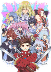  4girls 5boys armpits between_fingers black_gloves black_hair blonde_hair blue_eyes blue_gloves blue_hair brown_eyes brown_hair closed_eyes colette_brunel commentary_request copyright_name dual_wielding everyone expressionless fujibayashi_sheena genis_sage gloves headband holding holding_sword holding_weapon kendama kratos_aurion lloyd_irving long_hair looking_at_viewer multiple_boys multiple_girls ofuda ofuda_between_fingers own_hands_clasped own_hands_together photoshop_(medium) pink_hair presea_combatir raine_sage red_eyes red_gloves red_hair red_shirt regal_bryan shirt short_hair sidelocks silver_hair smile spiked_hair suspenders sword tales_of_(series) tales_of_symphonia tktg twintails twitter_username weapon white_gloves white_headband wings zelos_wilder 