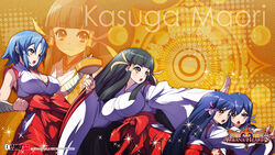  4girls akaga_hirotaka arcana_heart arcana_heart_3 bandages black_hair blue_hair blunt_bangs blush breasts character_name cleavage clenched_hand covered_nipples fighting_stance hair_ribbon hakama hakama_skirt highres hip_vent holding_hands japanese_clothes kasuga_koito kasuga_kouta kasuga_maori kasuga_tsuzune large_breasts lolicon long_hair miko multiple_girls official_art official_wallpaper open_mouth orange_eyes red_hakama ribbon sarashi short_hair siblings sisters skirt smile sparkle spinning_top twins weapon 