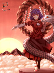  anklet asakura_aoshi bad_id bad_pixiv_id blouse breasts cloud commentary_request female frown full_body jewelry long_sleeves looking_at_viewer medium_breasts mirror mountaintop onbashira open_hand outstretched_arm purple_hair red_eyes rope sandals shide shimenawa shirt short_hair skirt snake solo touhou twilight yasaka_kanako 