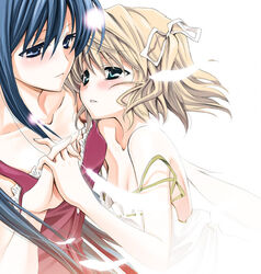  2girls angelina_rocca belle_(katahane) blush commentary_request couple holding_hands interlocked_fingers katahane multiple_girls photoshop_(medium) takano_saku yuri 