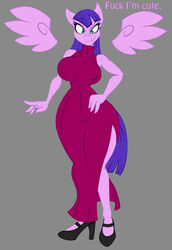  2015 anthro big_breasts biped blue_eyes breasts clothed clothing dress english_text equid equine evening_gown fan_character female footwear hair hand_on_hip hasbro hi_res high_heels jrvanesbroek mammal my_little_pony mythological_creature mythological_equine mythology nipple_outline pearl_flywright pegasus profanity purple_hair shoes smile solo text wide_hips wings 