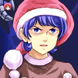  1boy aneha_zaku blue_eyes blue_hair capelet commentary_request cosplay doremy_sweet doremy_sweet_(cosplay) female floating_head gundam hat kamille_bidan lowres mechanical_hands nightcap open_mouth red_hair sekibanki shaded_face short_hair single_mechanical_hand touhou zeta_gundam 