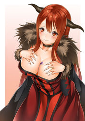  blush breast_tattoo breasts choker dress english_commentary female fur_trim grabbing horns large_breasts long_hair maou_(maoyuu) maoyuu_maou_yuusha photoshop_(medium) red_eyes red_hair smile solo tattoo un4lord 